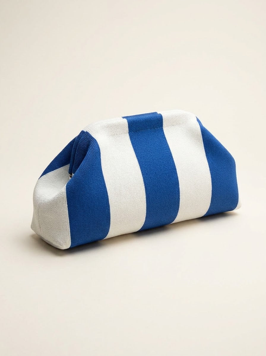 Striped Knit Frame Clutch in blue and white
