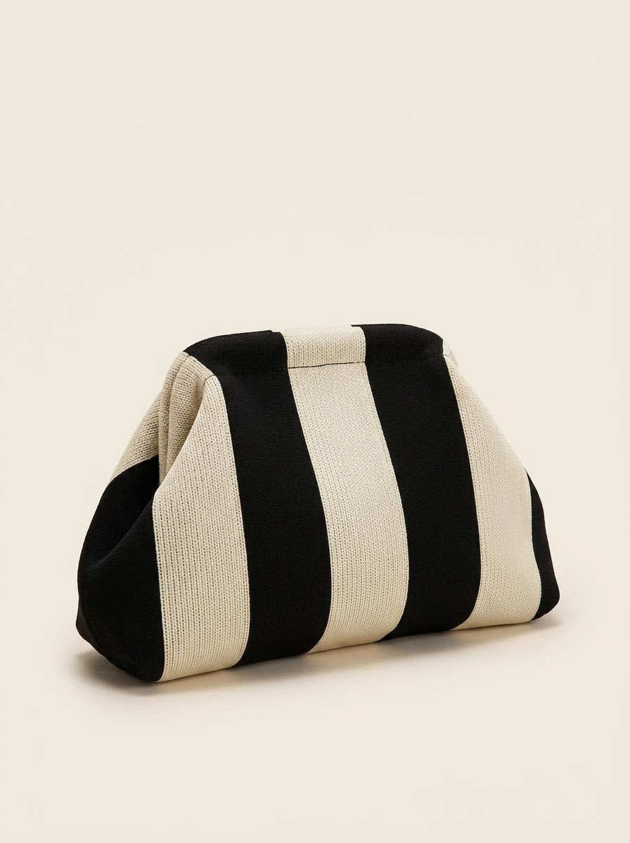 Striped Knit Frame Clutch in black and beige