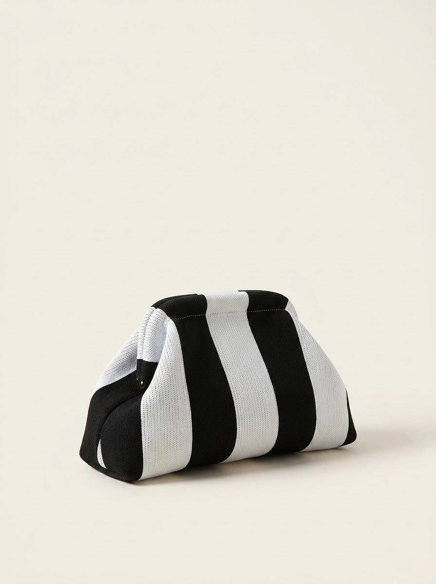 Striped Knit Frame Clutch in black and white