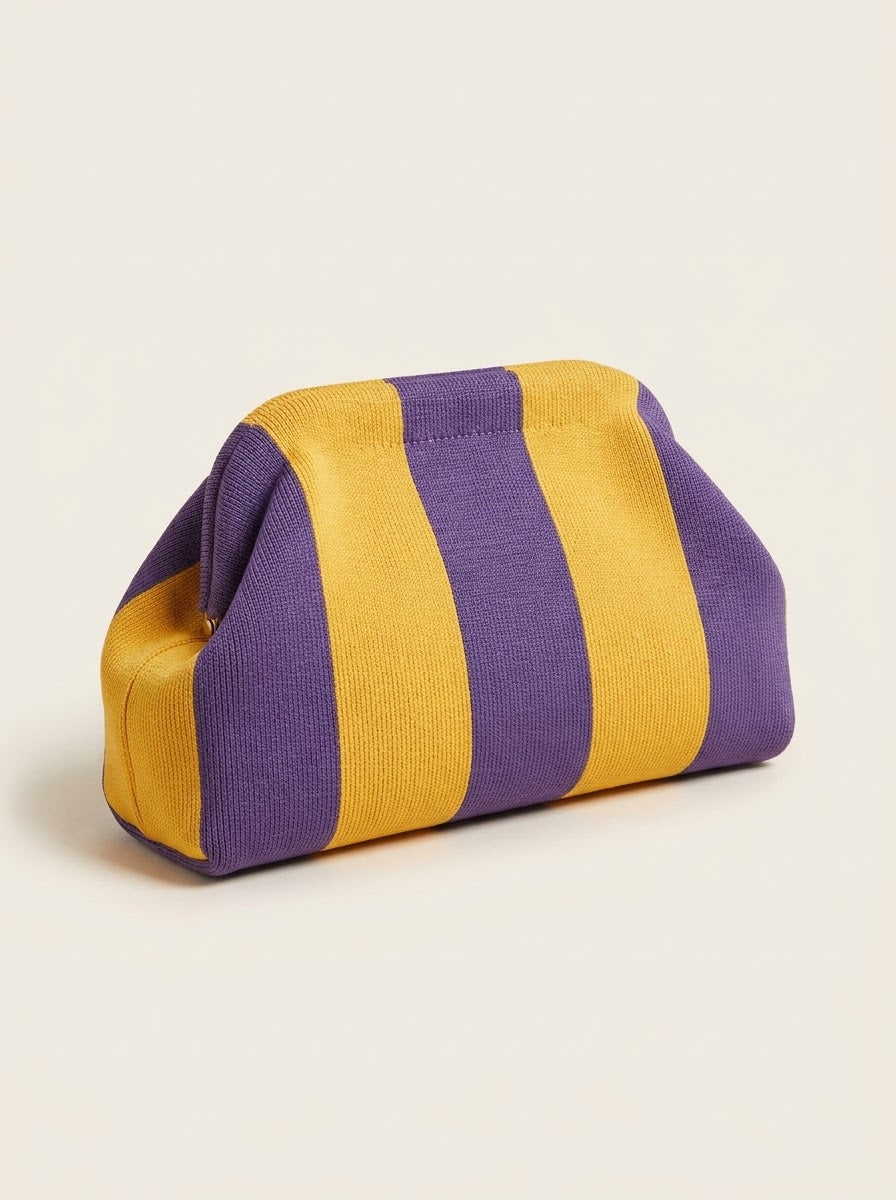 Striped Knit Frame Clutch in purple and yellow
