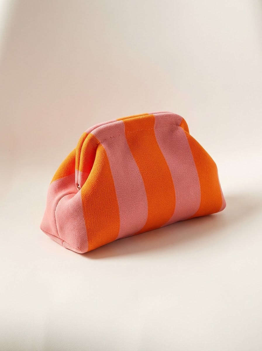 Striped Knit Frame Clutch in orange and pink