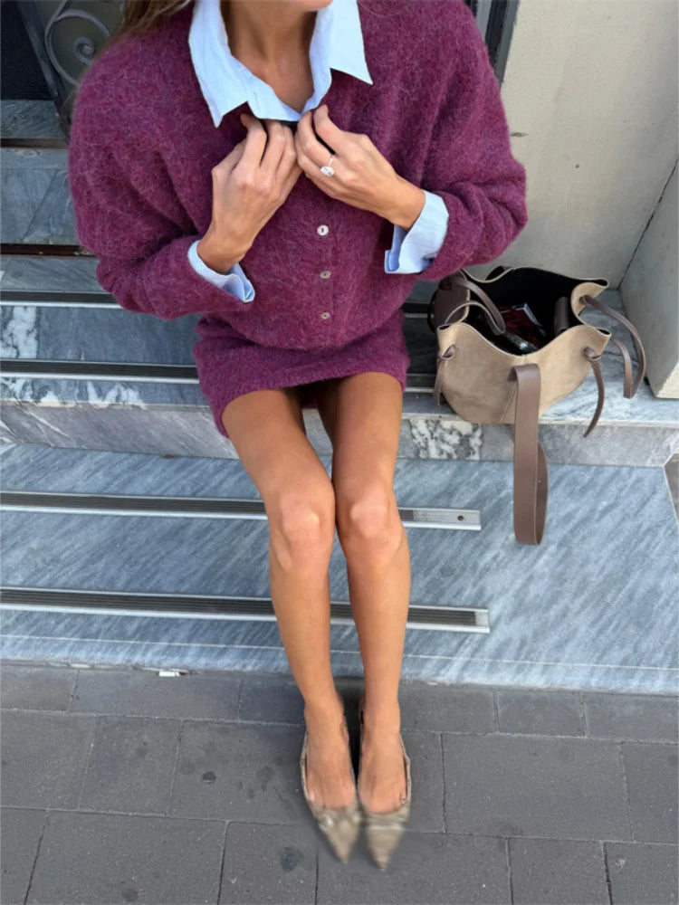Fuzzy Knit Cardigan & Mini Skirt Set