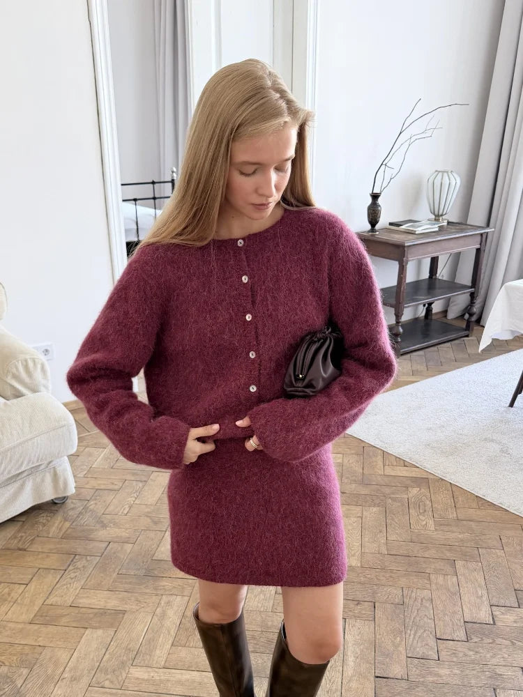 Fuzzy Knit Cardigan & Mini Skirt Set
