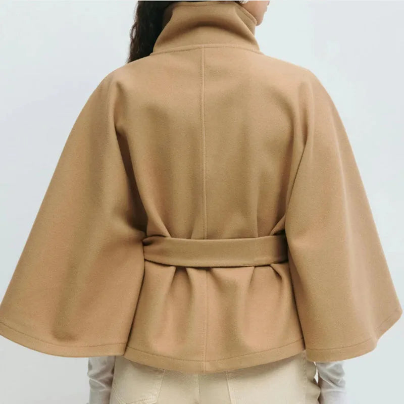Belted High Neck Cape Coat