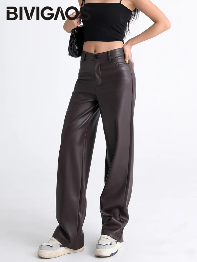 Fleece-Lined Faux Leather Wide Leg Pants