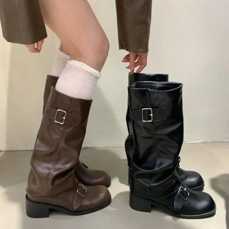 Buckled slouch biker boot