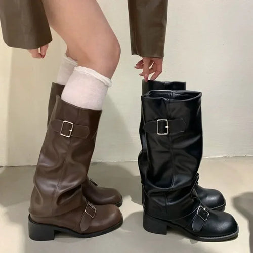 Buckled slouch biker boot