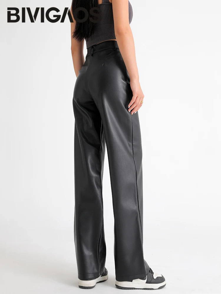 Fleece-Lined Faux Leather Wide Leg Pants