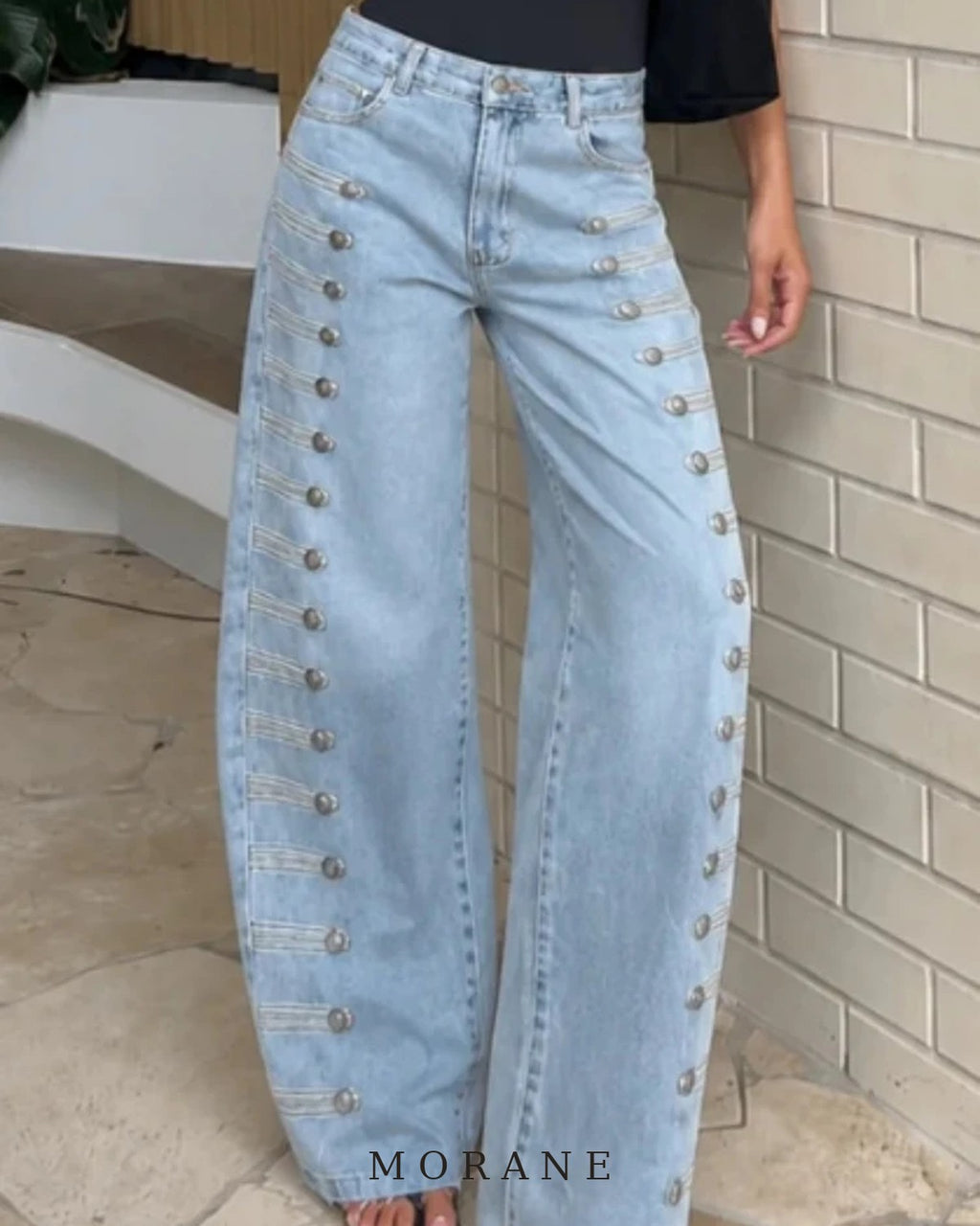 MORANE Side Button Barrel Leg Jeans