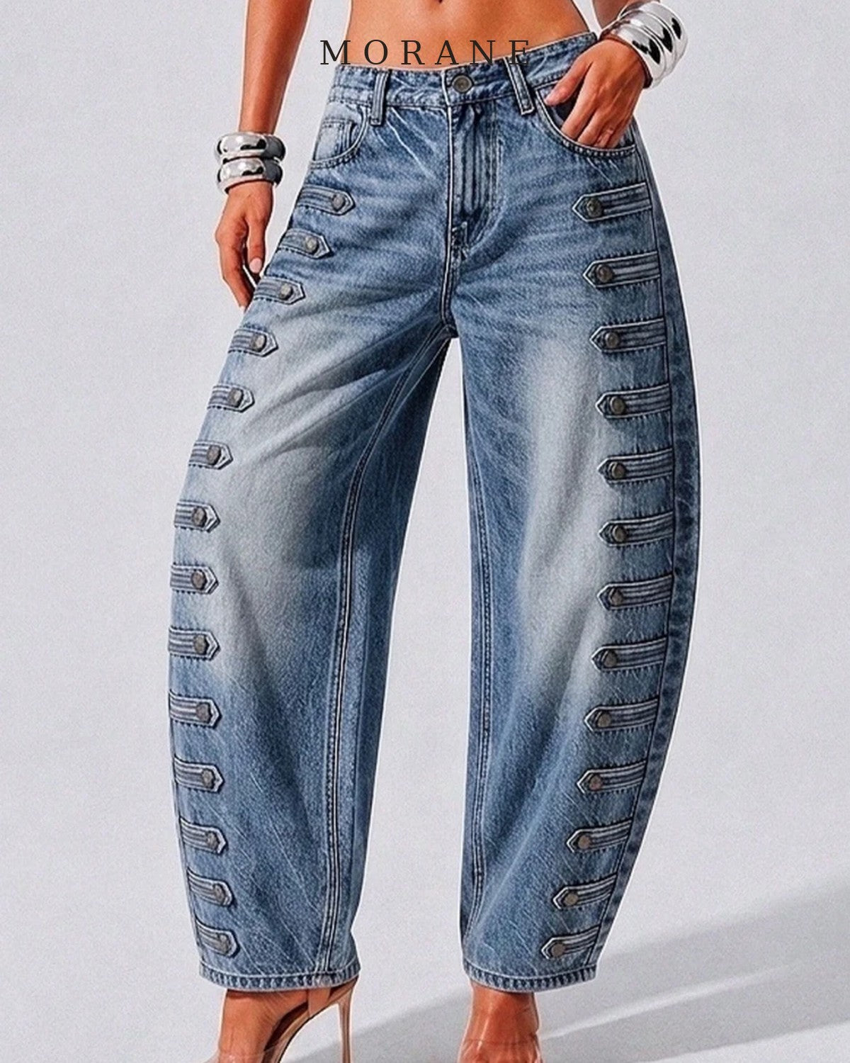 MORANE Side Button Barrel Leg Jeans