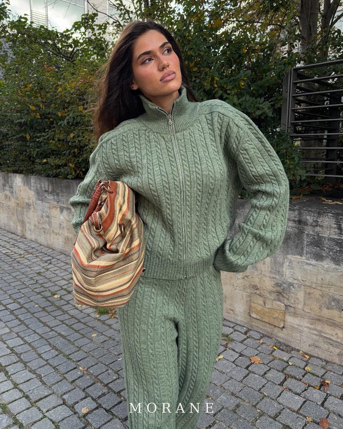 MORANE Cable Knit Zip Sweater & Jogger Set