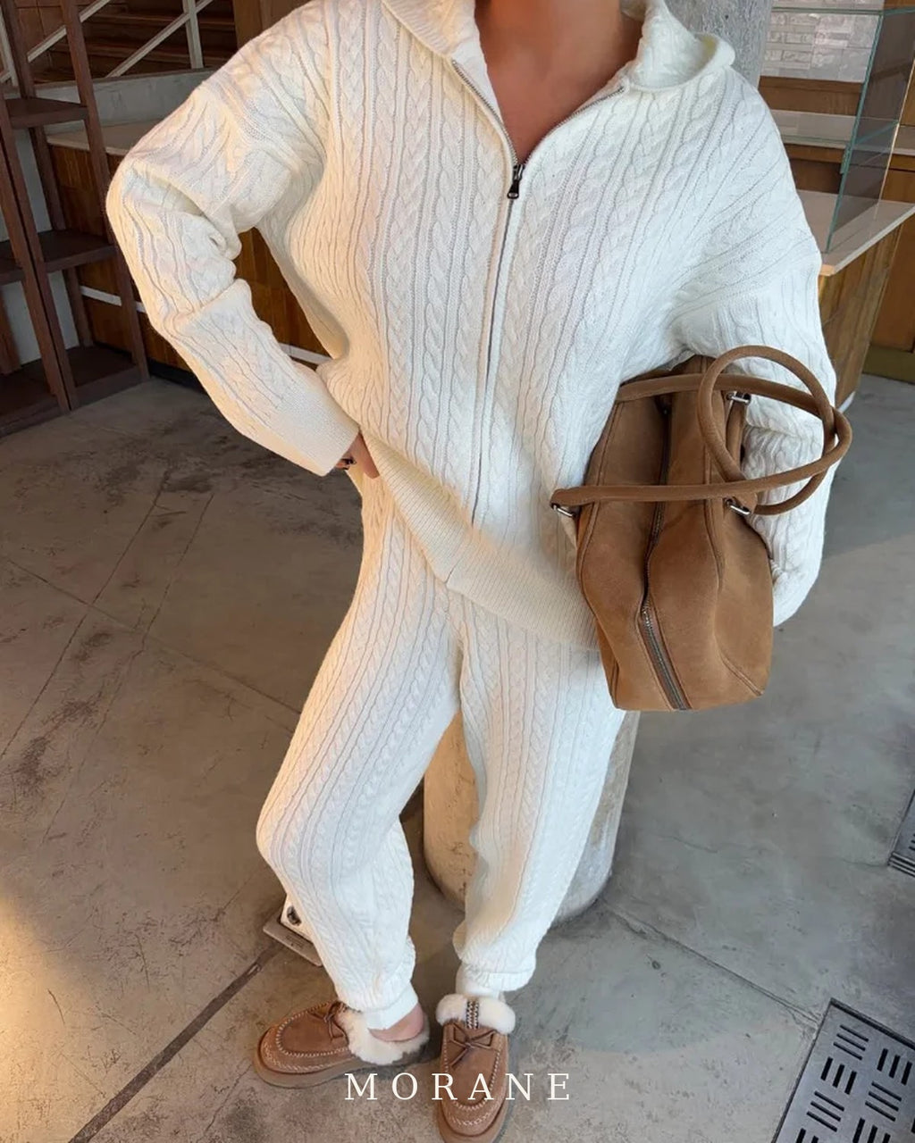 MORANE Cable Knit Zip Sweater & Jogger Set
