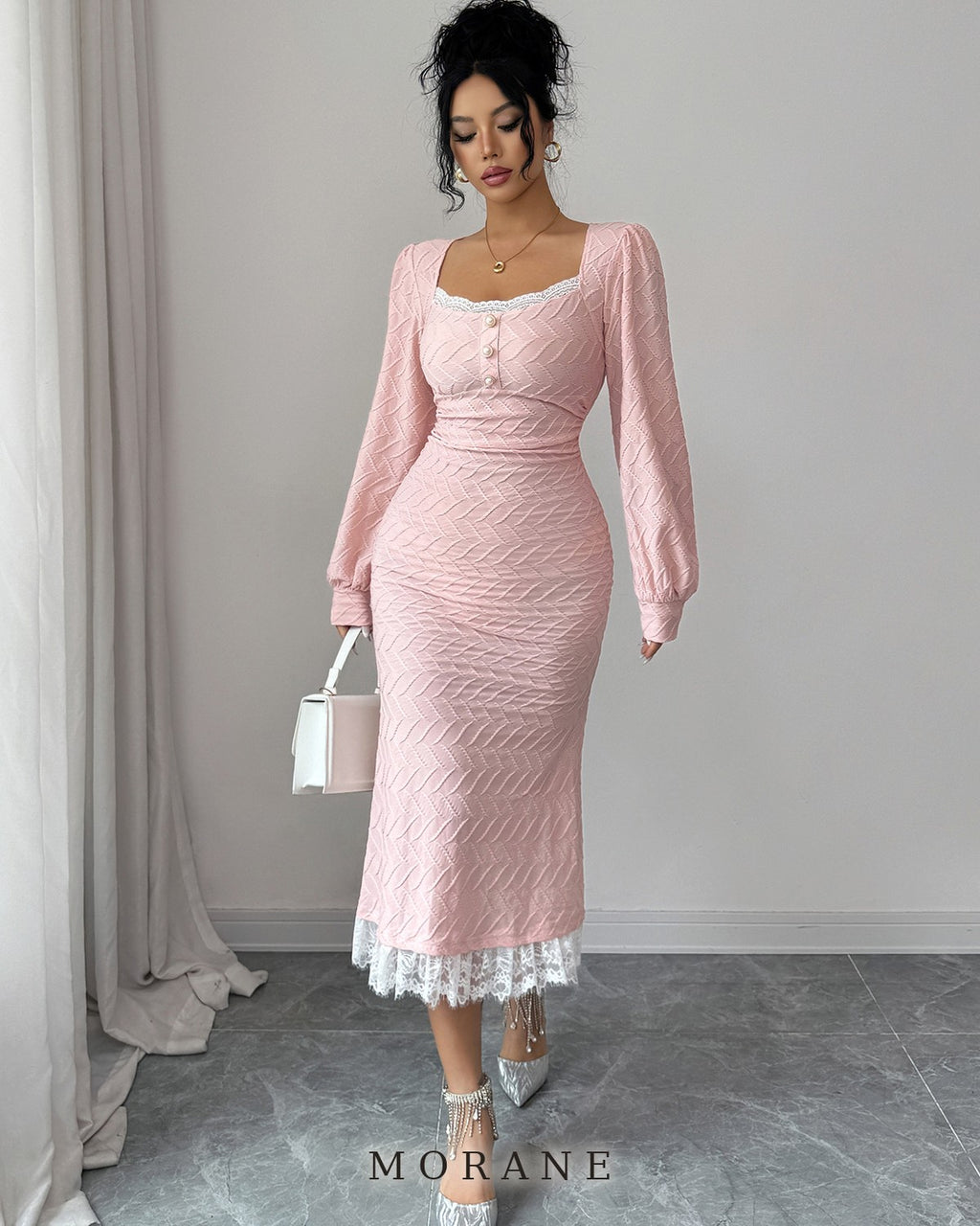MORANE Lace-Hem Button-Front Midi Dress