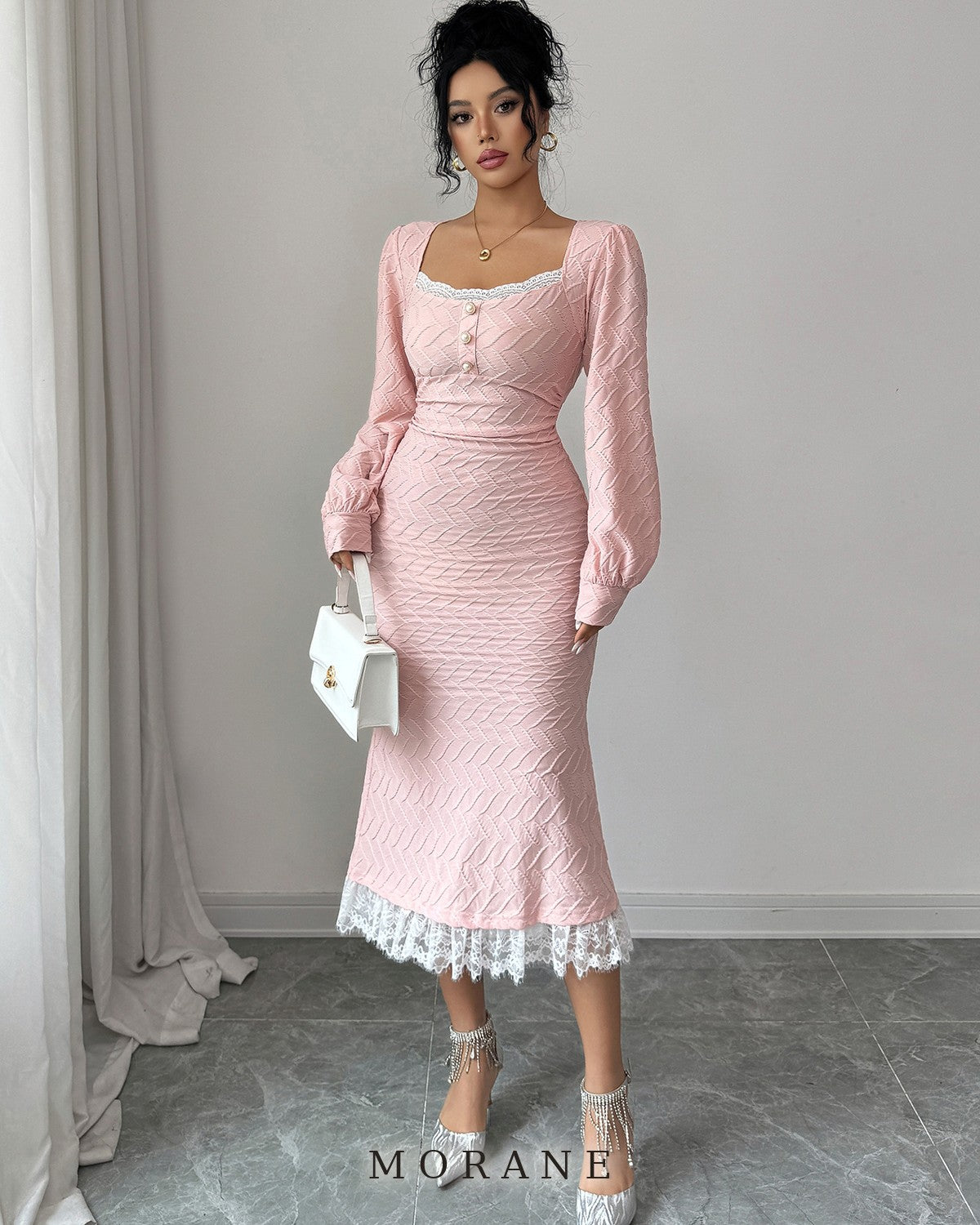 MORANE Lace-Hem Button-Front Midi Dress
