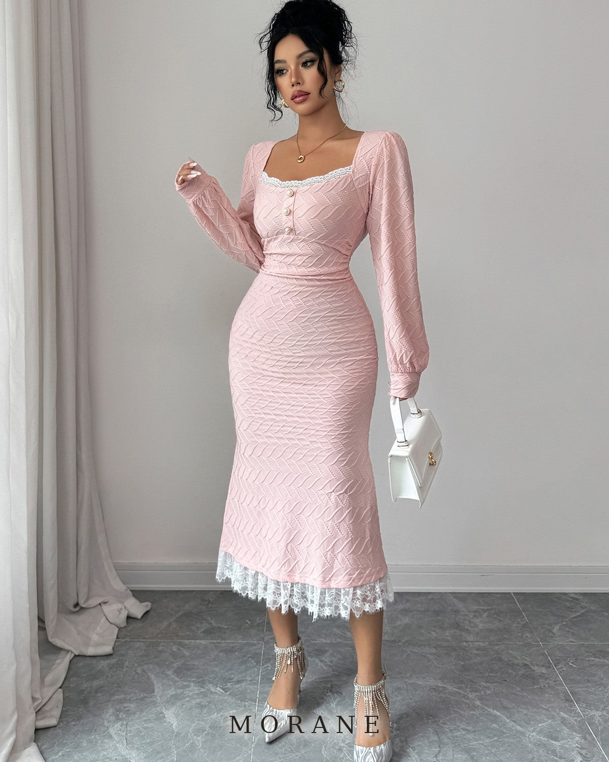 MORANE Lace-Hem Button-Front Midi Dress