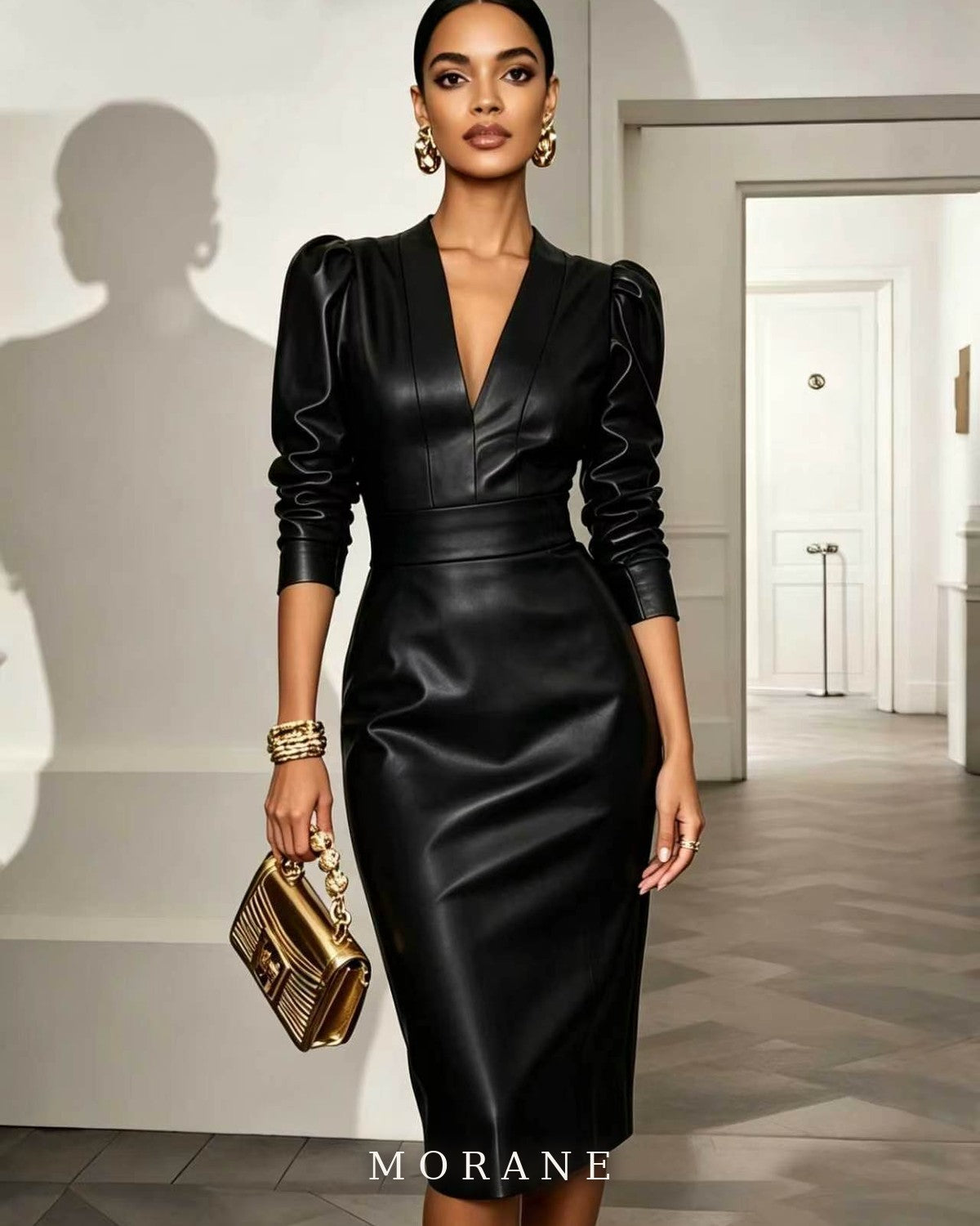 MORANE Faux Leather Puff-Sleeve Midi Dress