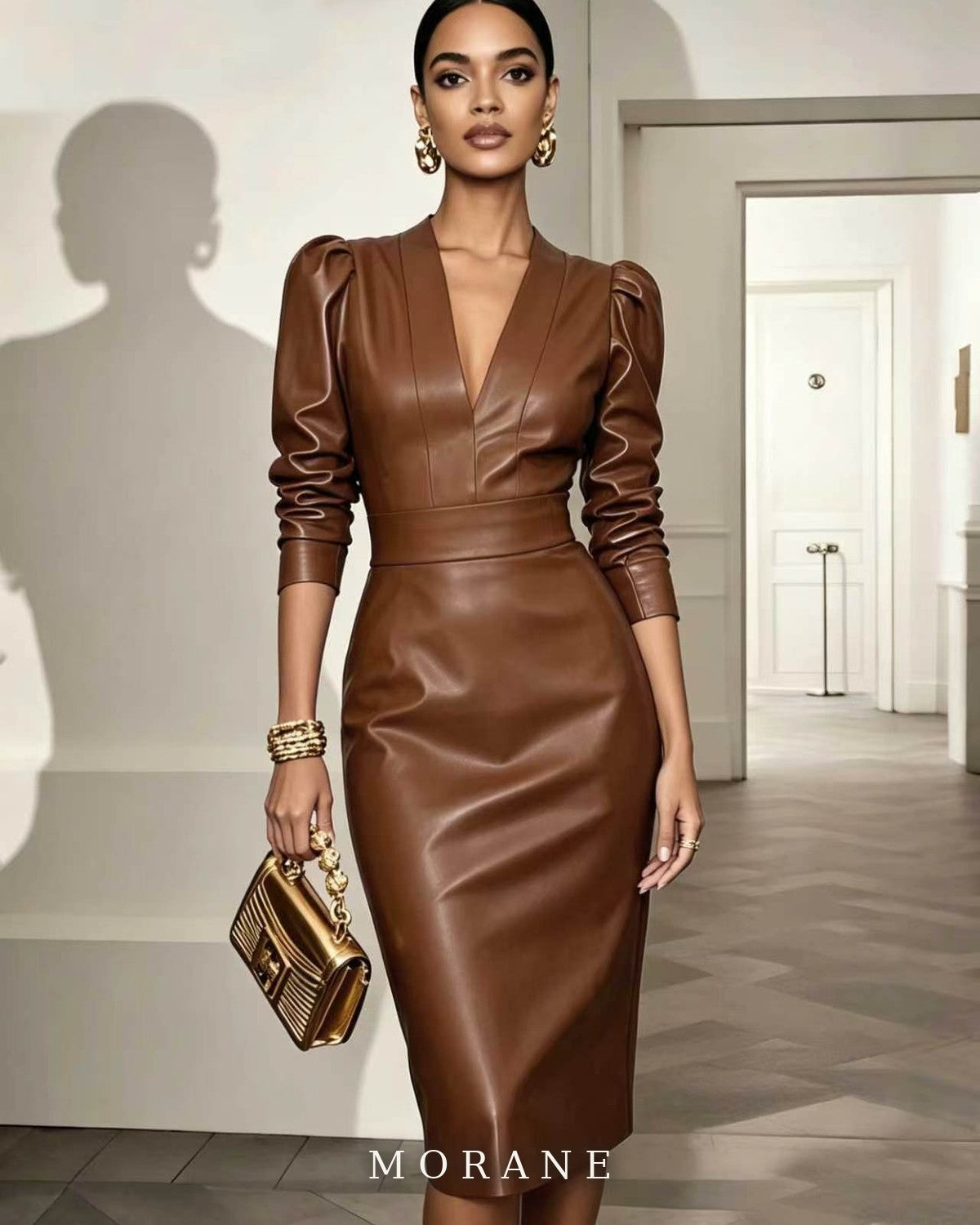 MORANE Faux Leather Puff-Sleeve Midi Dress