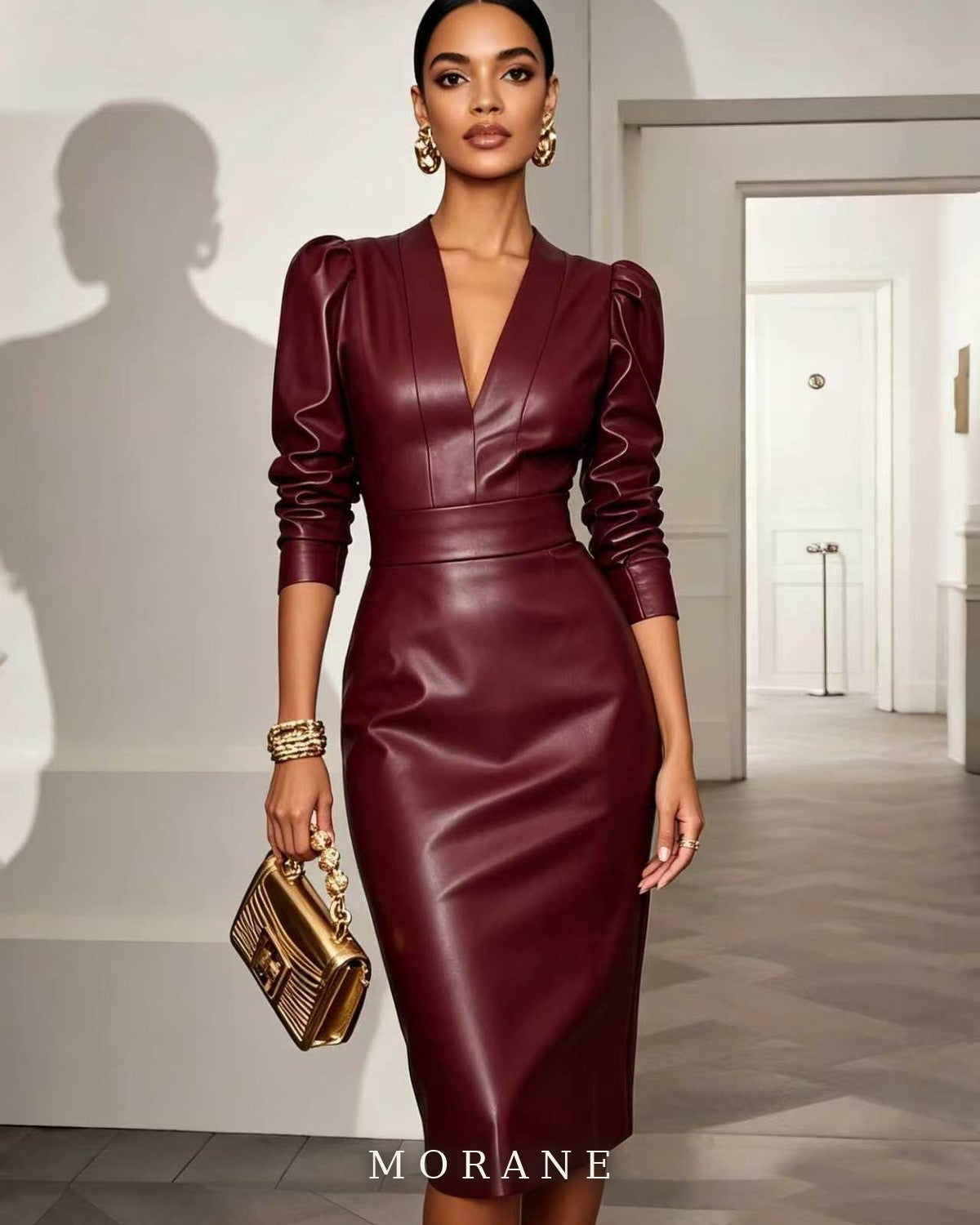 MORANE Faux Leather Puff-Sleeve Midi Dress