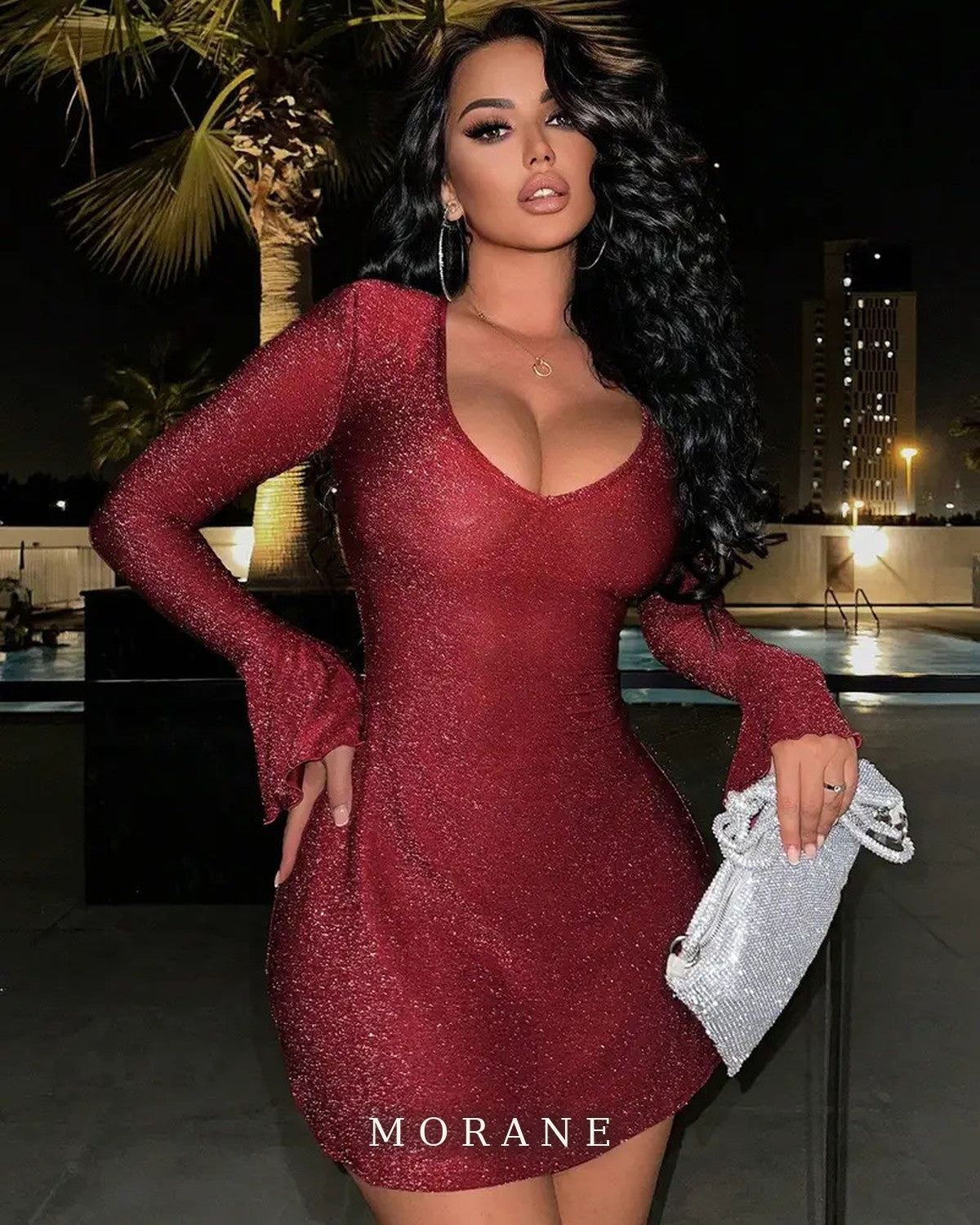 MORANE Sparkle Knit Bell-Sleeve Mini Dress