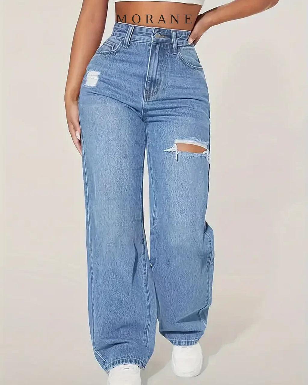 MORANE Distressed Wide Leg Straight Jeans
