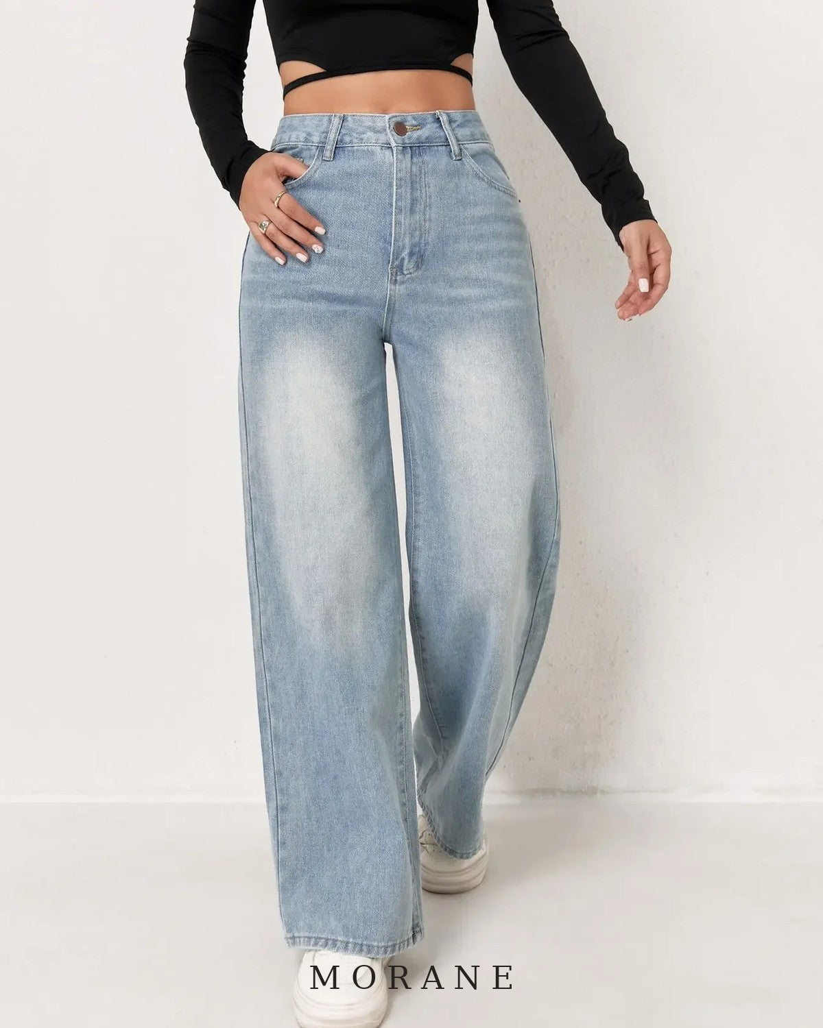 MORANE Distressed Wide Leg Straight Jeans