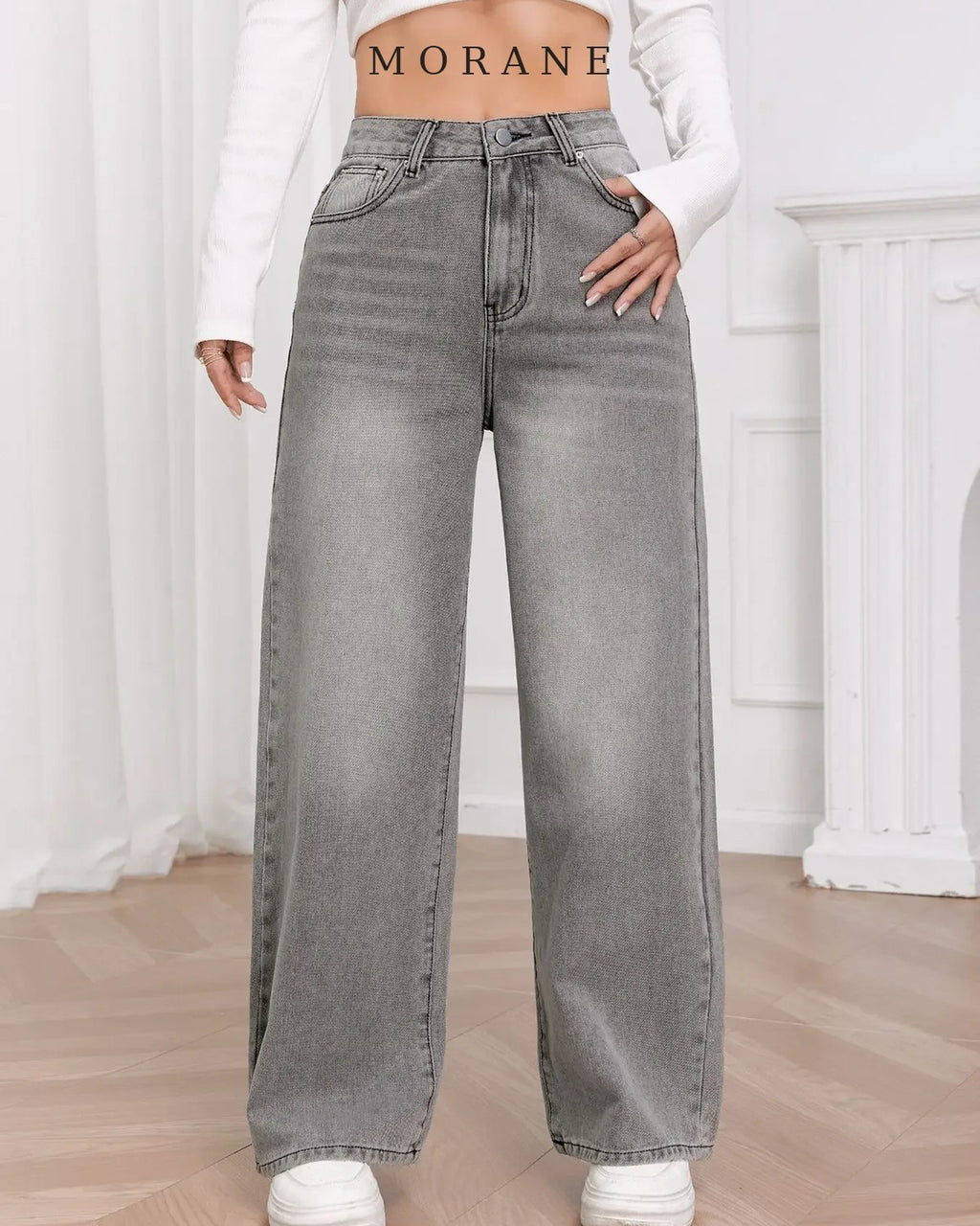 MORANE Distressed Wide Leg Straight Jeans
