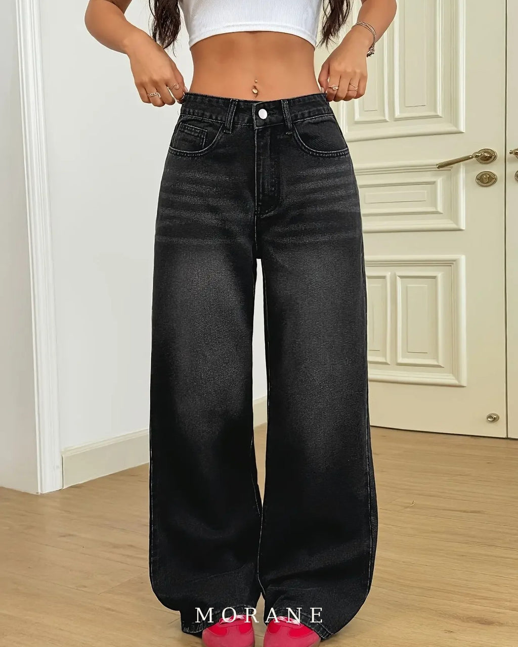 MORANE Distressed Wide Leg Straight Jeans