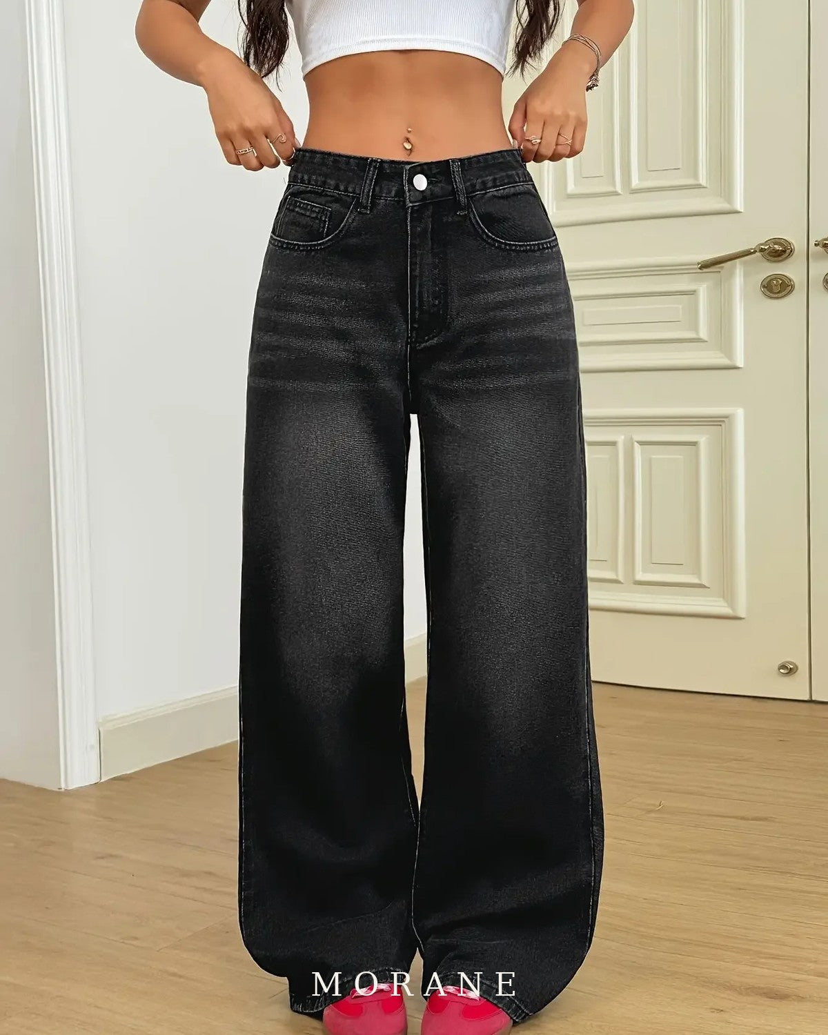 MORANE Distressed Wide Leg Straight Jeans