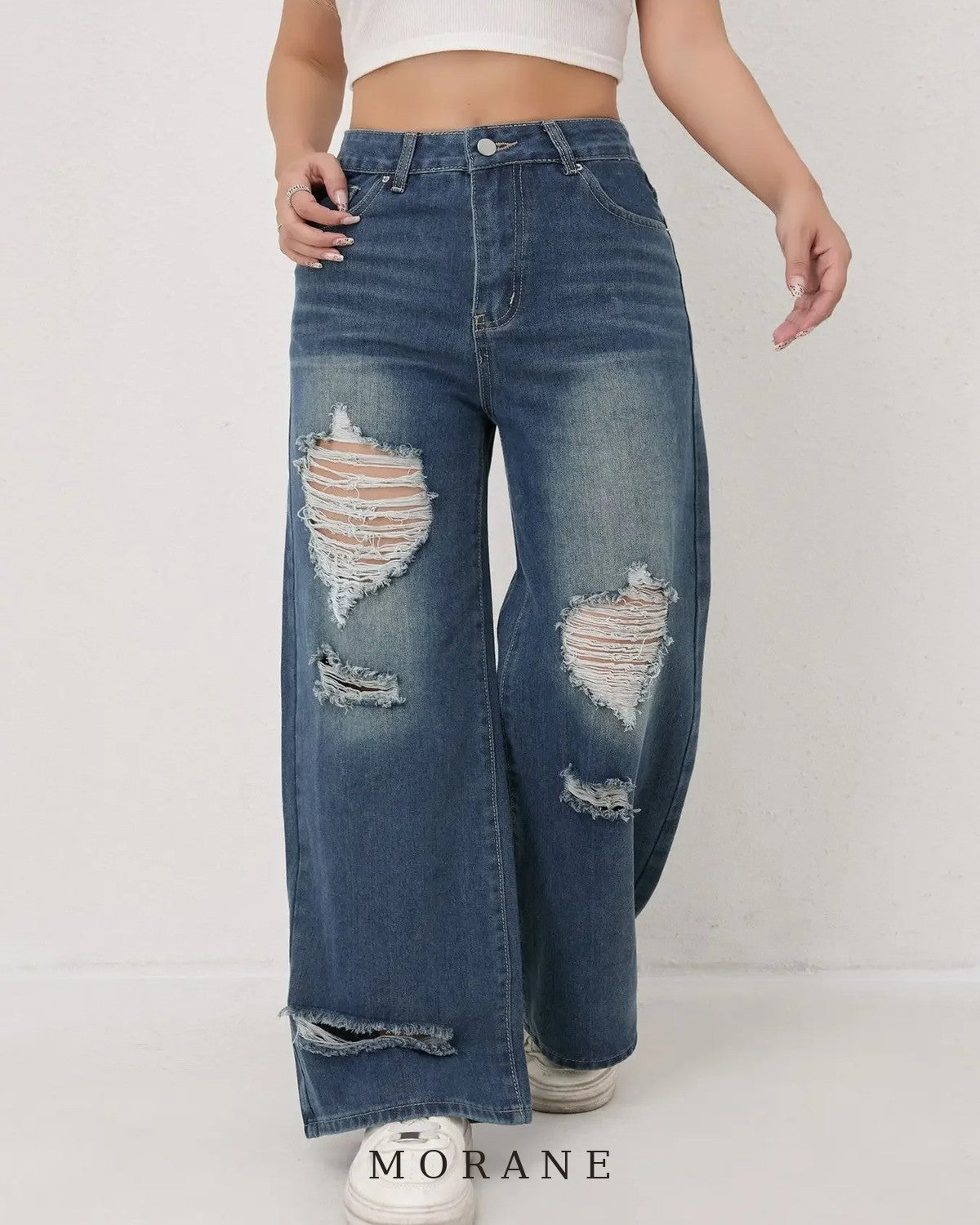 MORANE Distressed Wide Leg Straight Jeans