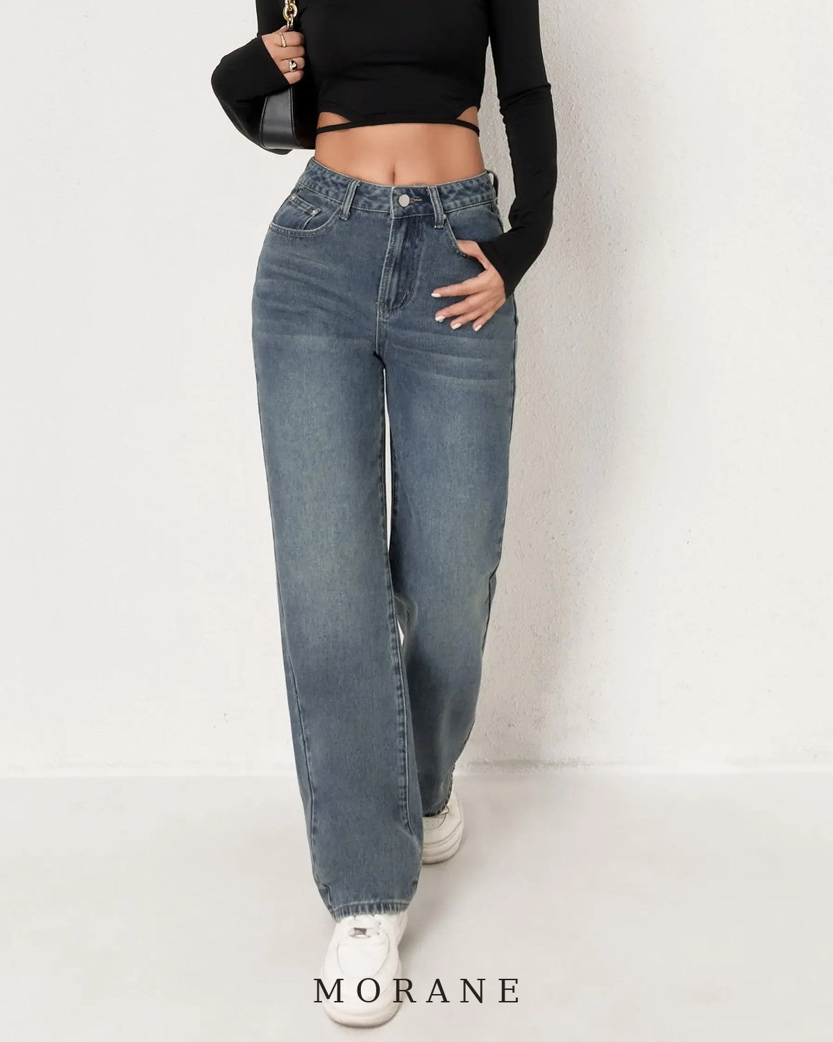 MORANE Distressed Wide Leg Straight Jeans
