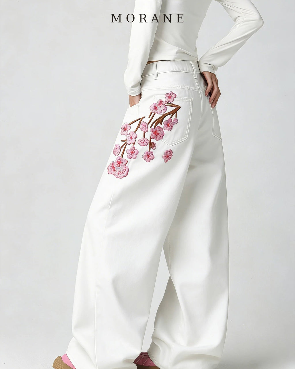 MORANE Cherry Blossom Embroidered Wide Leg Jeans