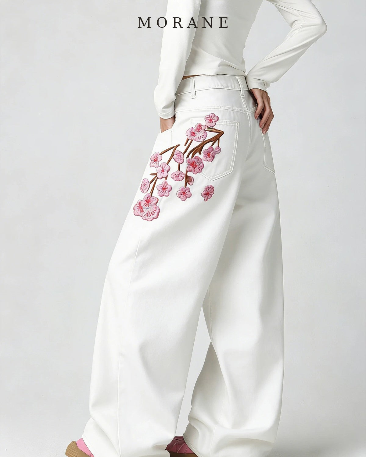 MORANE Cherry Blossom Embroidered Wide Leg Jeans
