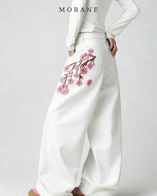 MORANE Cherry Blossom Embroidered Wide Leg Jeans