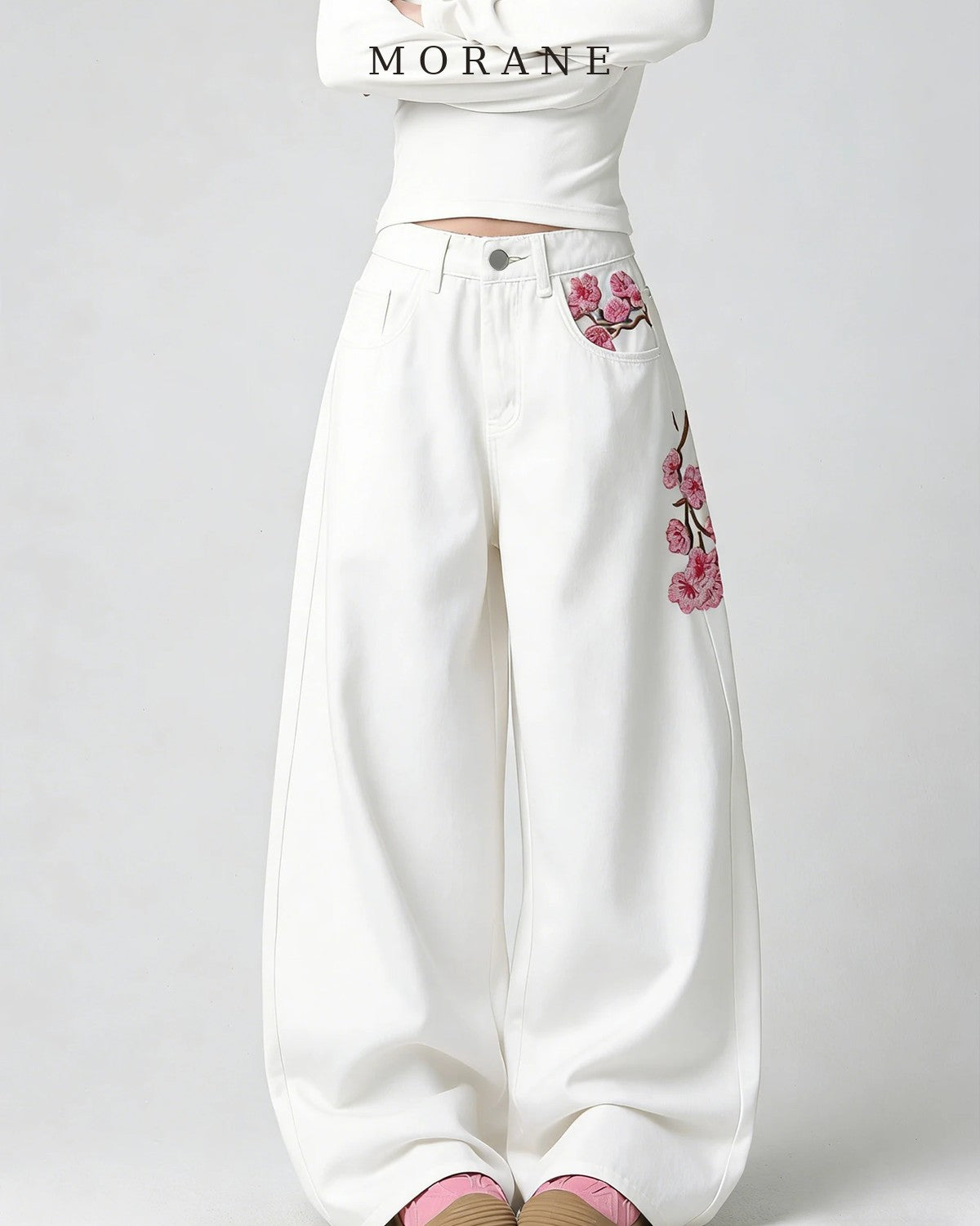 MORANE Cherry Blossom Embroidered Wide Leg Jeans