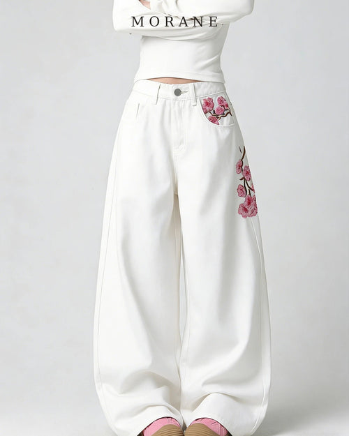 MORANE Cherry Blossom Embroidered Wide Leg Jeans