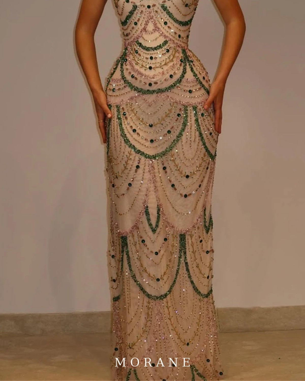 MORANE Crystal Beaded Strapless Gown with Cape