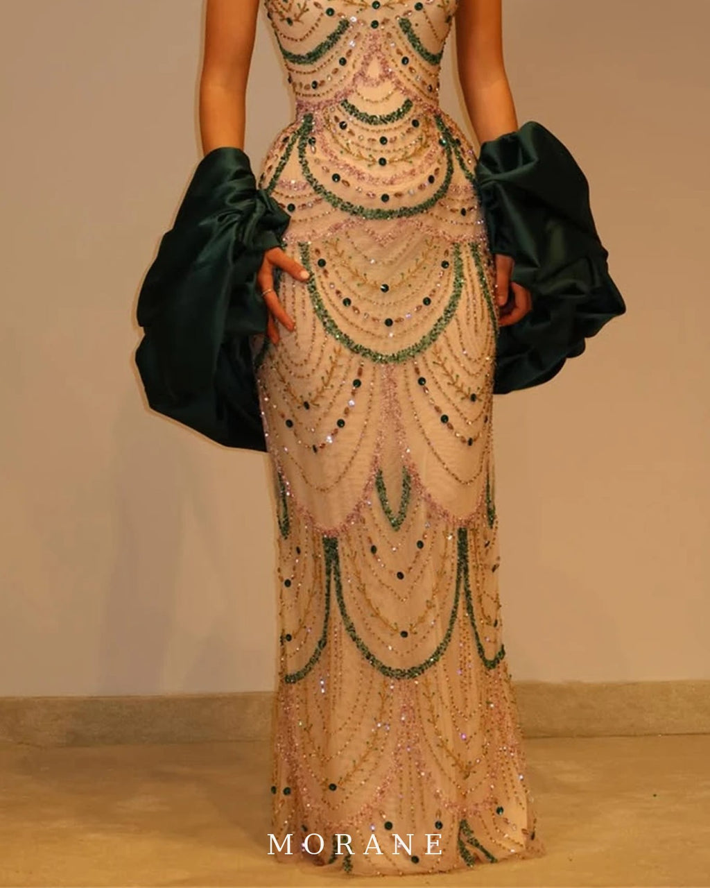MORANE Crystal Beaded Strapless Gown with Cape