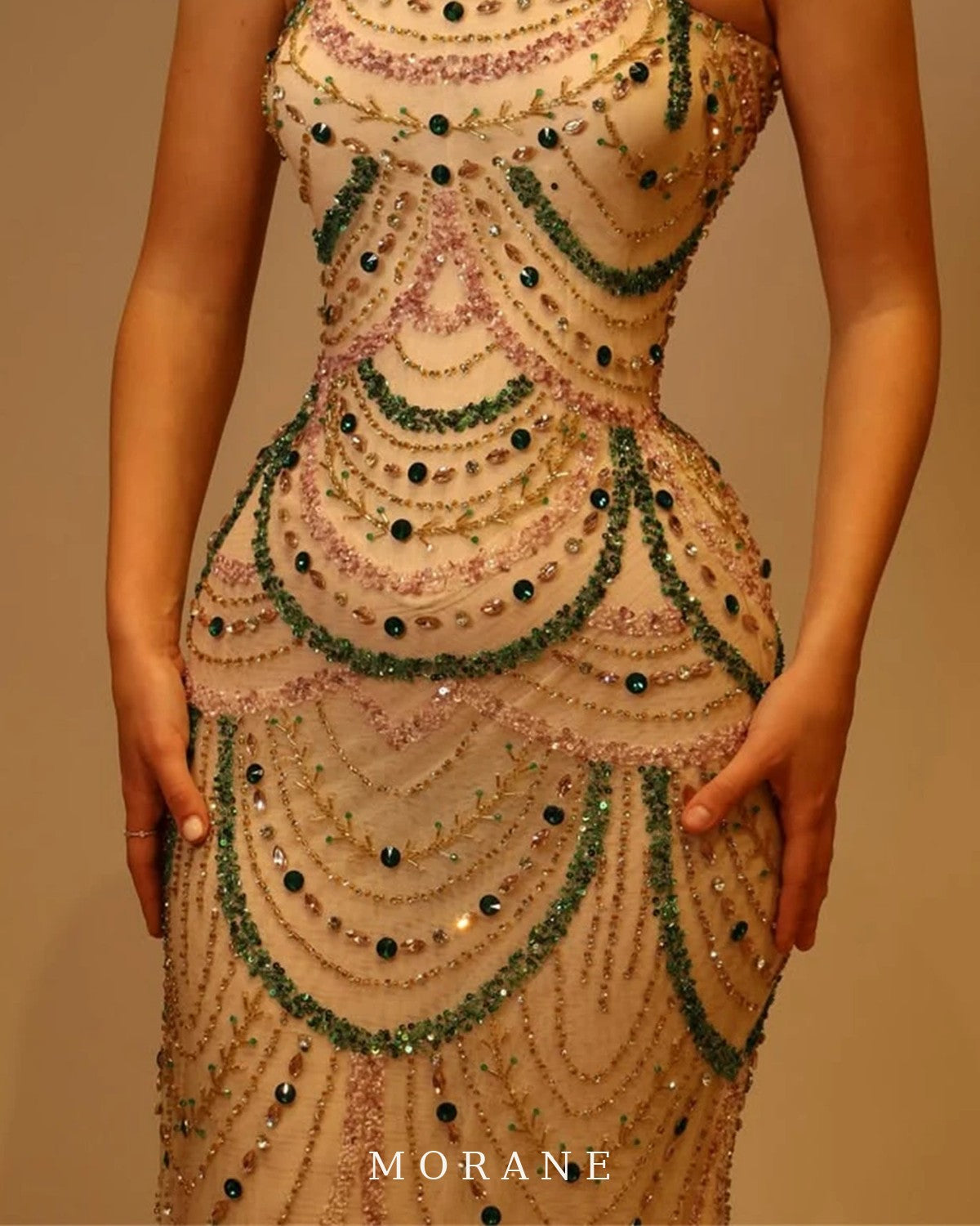 MORANE Crystal Beaded Strapless Gown with Cape