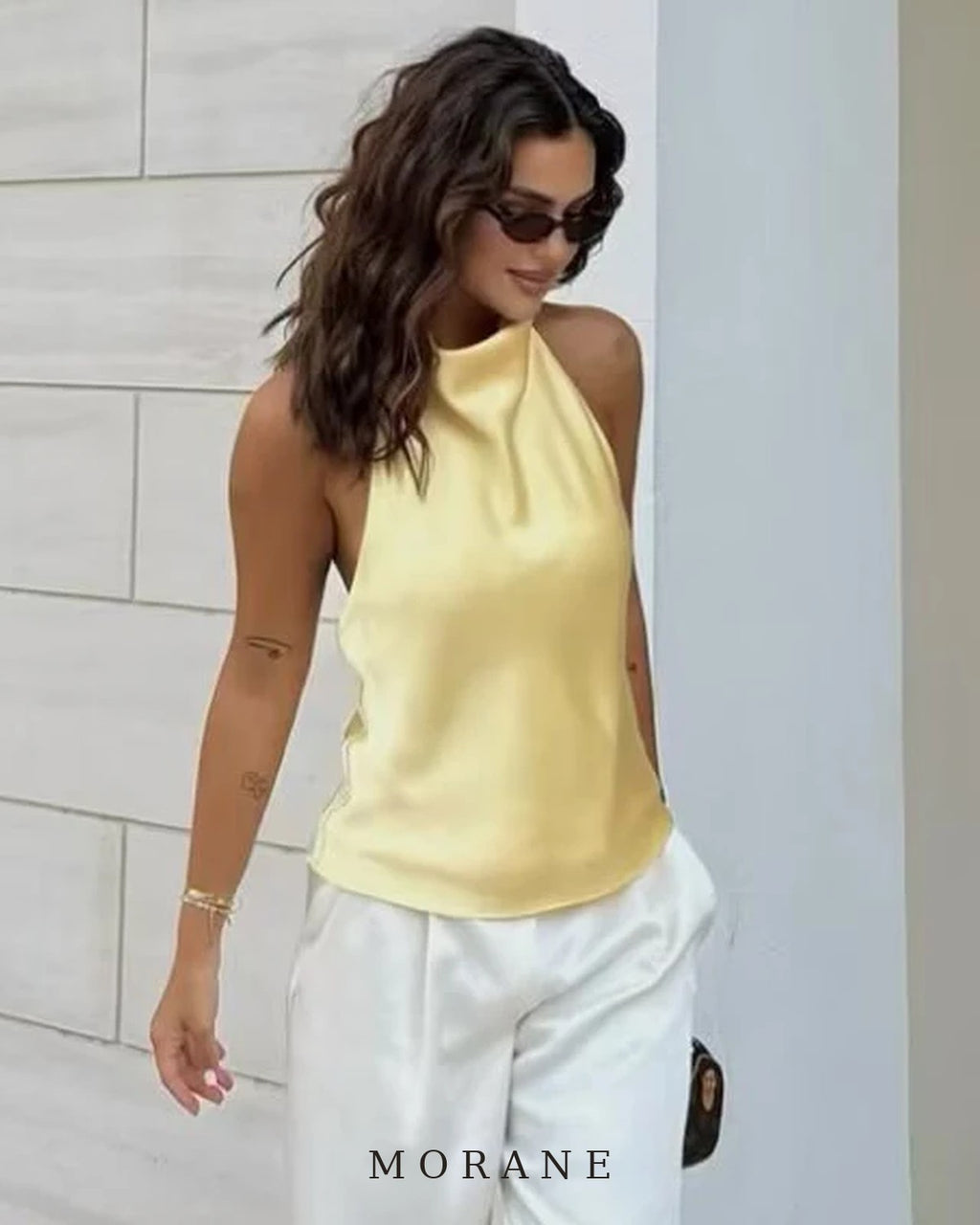 MORANE Satin Cowl Halter Top