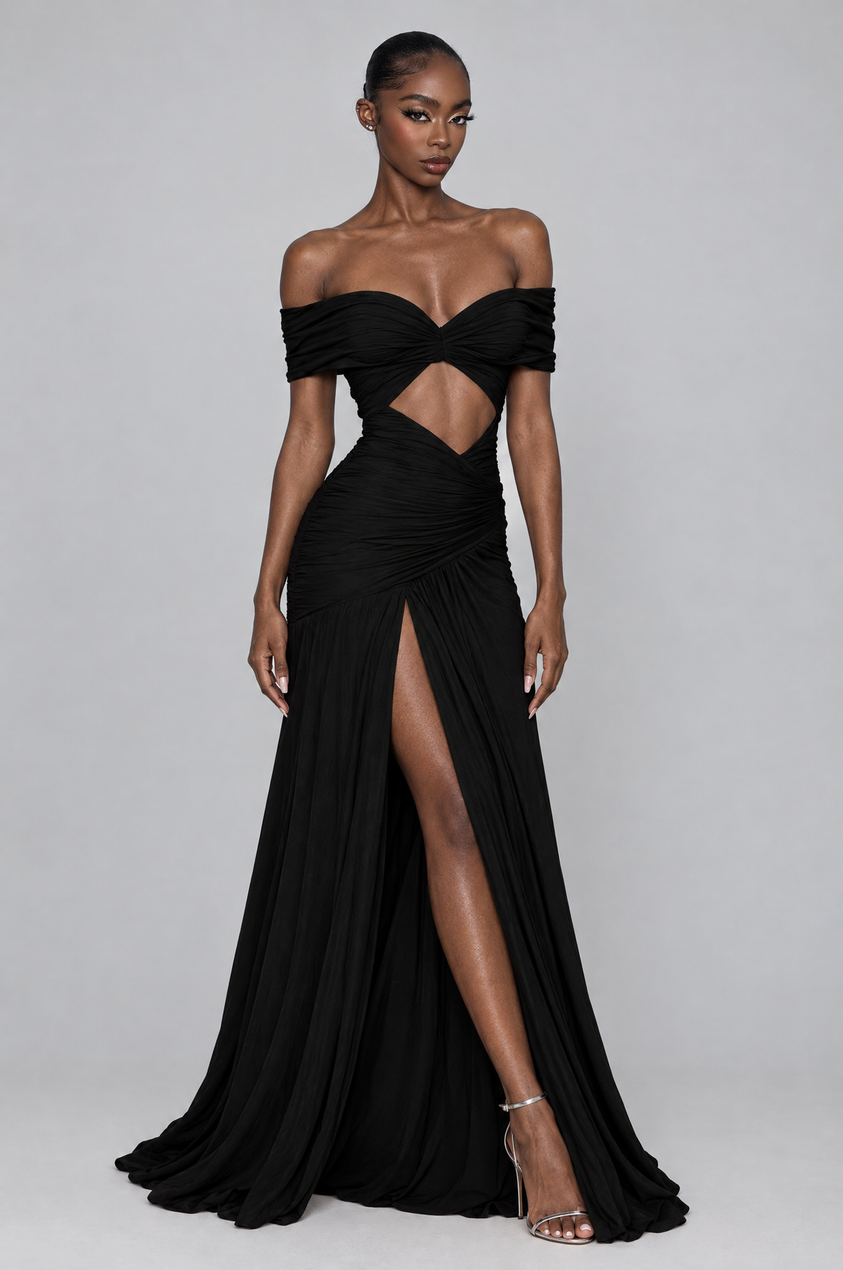 Noir Off-Shoulder Ruched Mermaid Gown - front