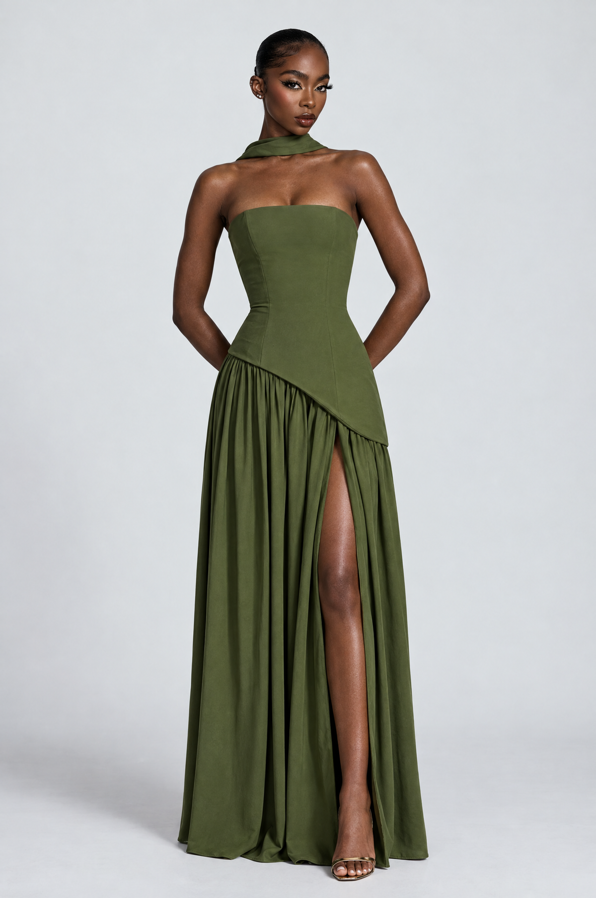 Olive Drop-Waist Corset Gown - front