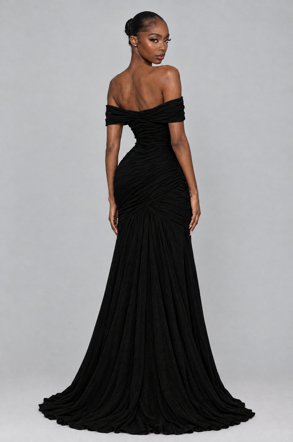 Noir Off-Shoulder Ruched Mermaid Gown - back