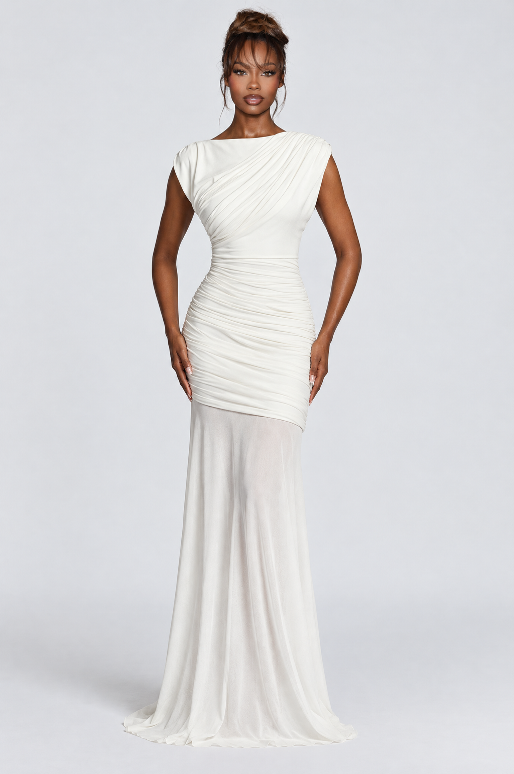Pearl Ruched Mesh Mermaid Gown - front