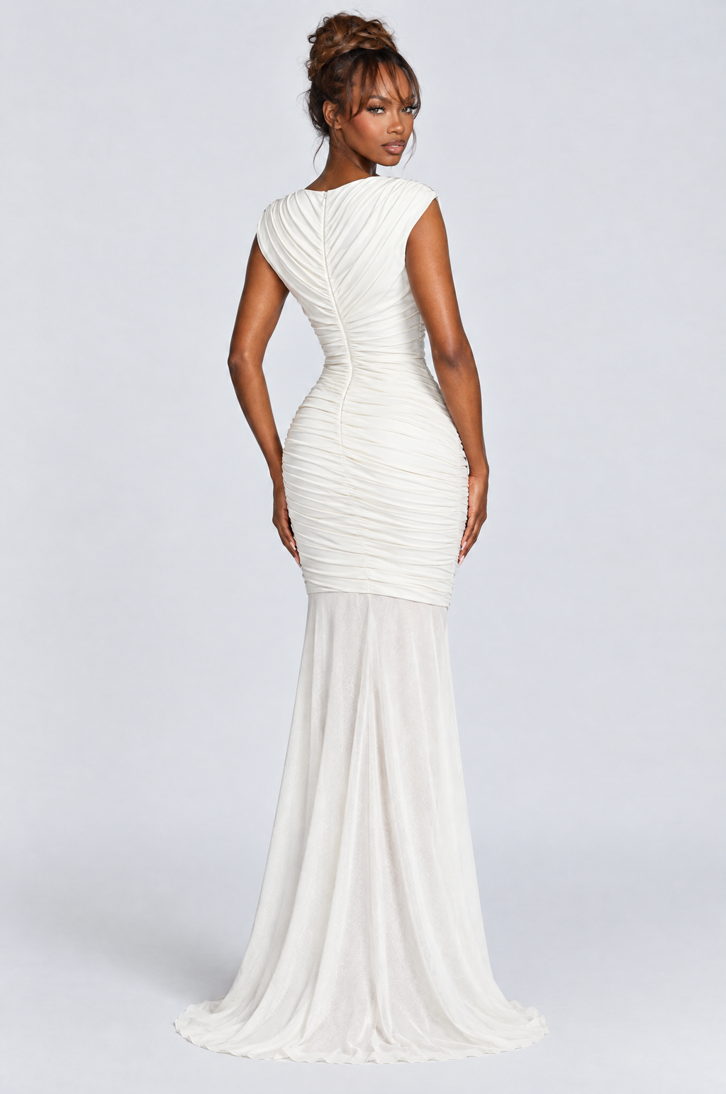 Pearl Ruched Mesh Mermaid Gown - back