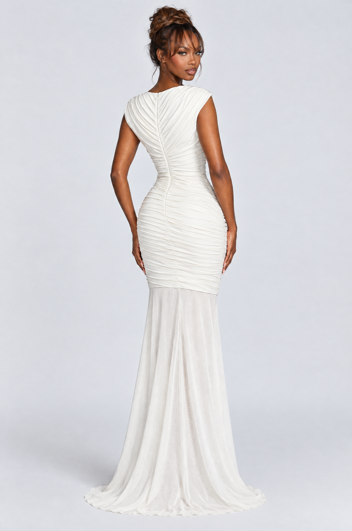 Pearl Ruched Mesh Mermaid Gown - back
