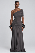 Slate One-Shoulder Draped Maxi Gown - front