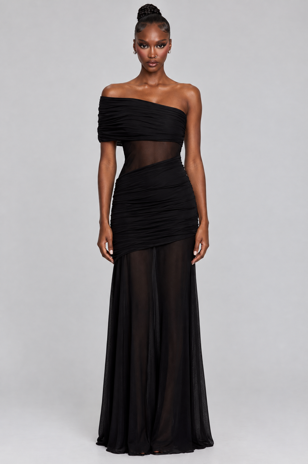 Midnight Off-Shoulder Chiffon Maxi Gown - front