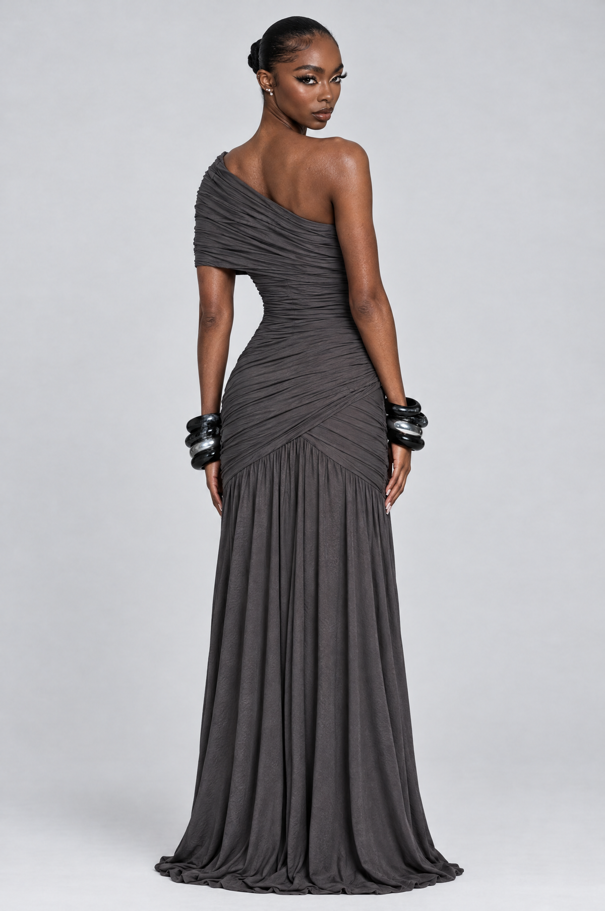 Slate One-Shoulder Draped Maxi Gown - back