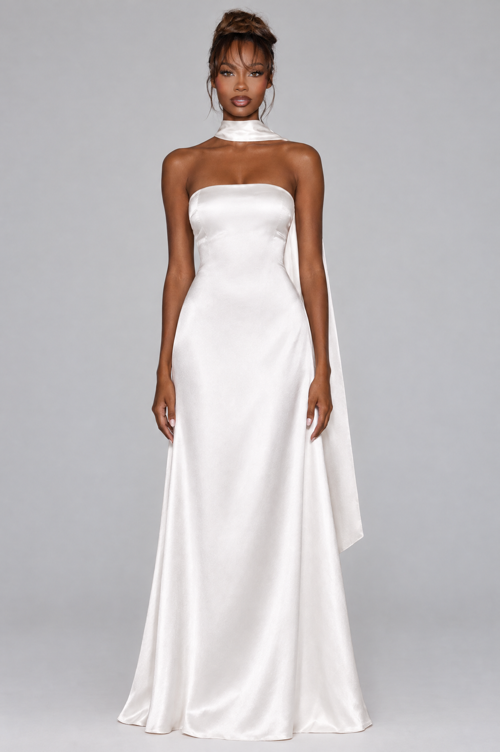 Pearl Satin High-Neck Scarf Maxi Dress - front