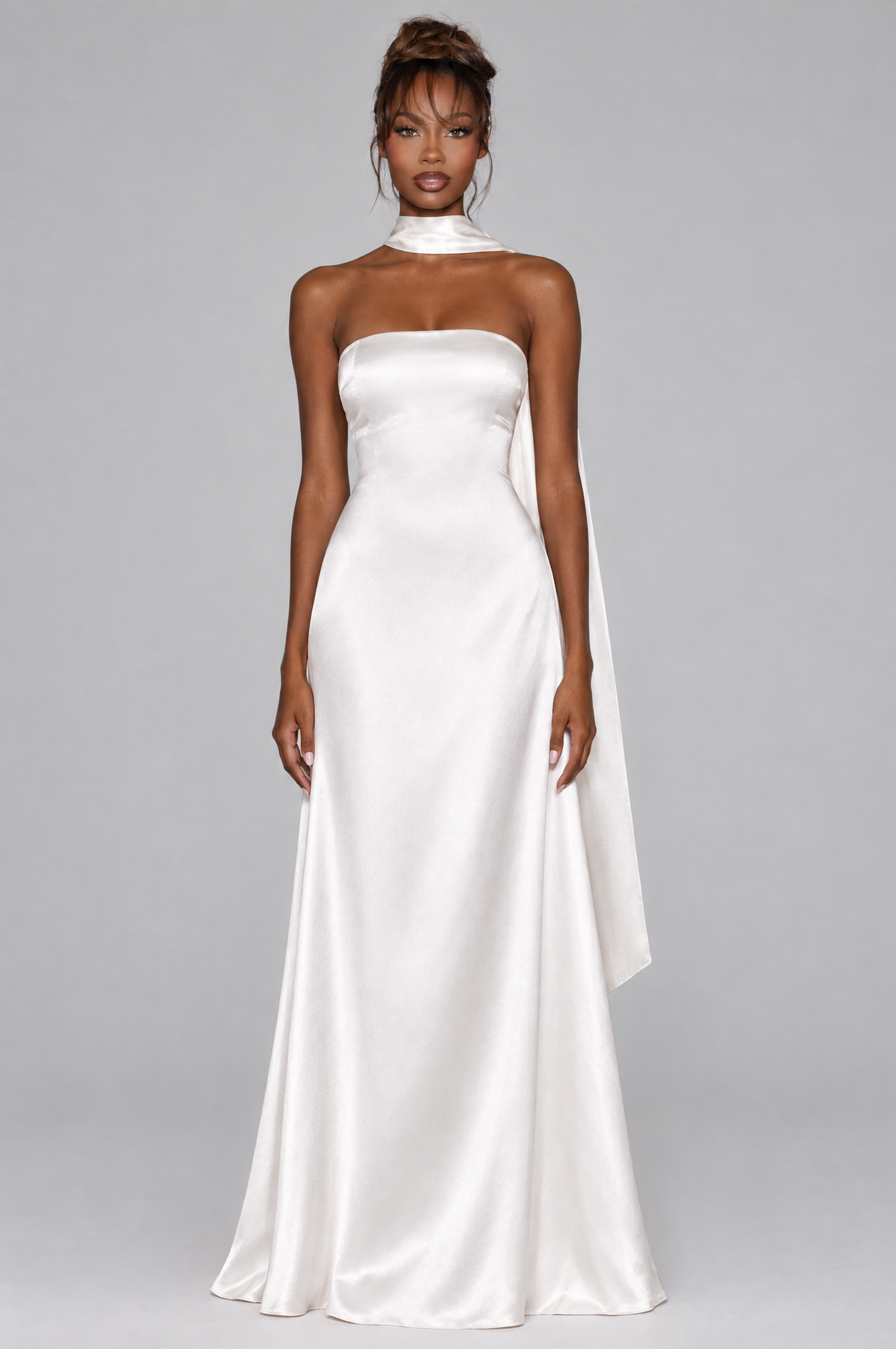 Pearl Satin High-Neck Scarf Maxi Dress - front